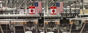 The banners all hanging in their glory in the rafters of the new building.