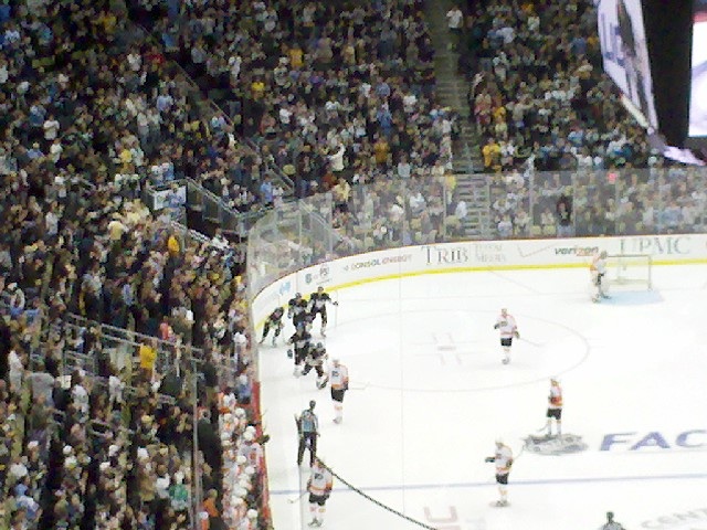 The Pens celebrating their first goal.